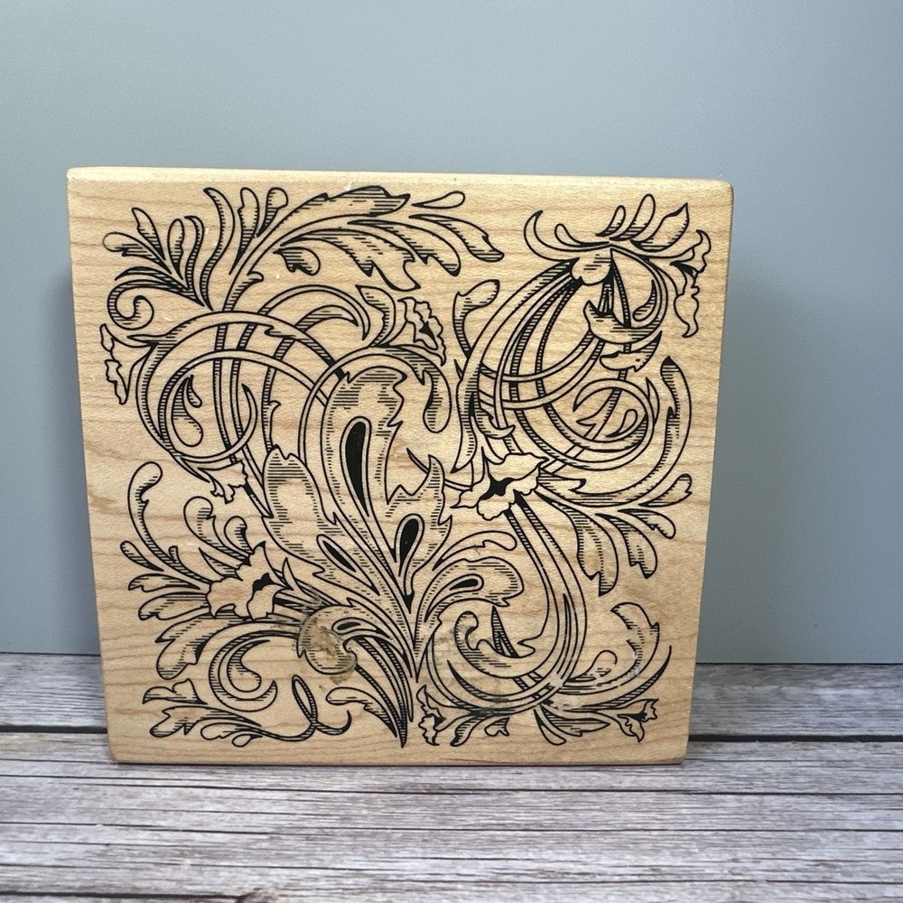 INKADINKADO Large Wood Mounted Rubber Stamp Dloral Scrollwork Design